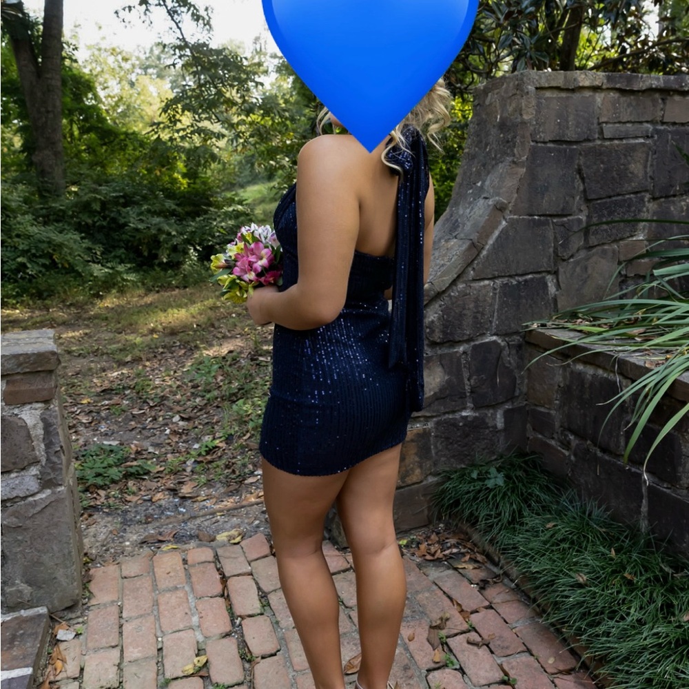 Navy Blue Sequin Halter Backless Mini Homecoming Dress